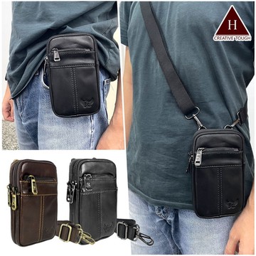 【H-CT】皮革拉鍊真皮斜背手機腰包(腰間包 側背包 手機包 皮革 機車包 斜背包/TR6624)