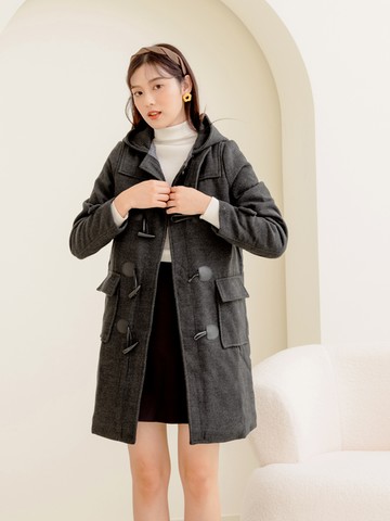 質感毛料牛角釦長版連帽大衣外套