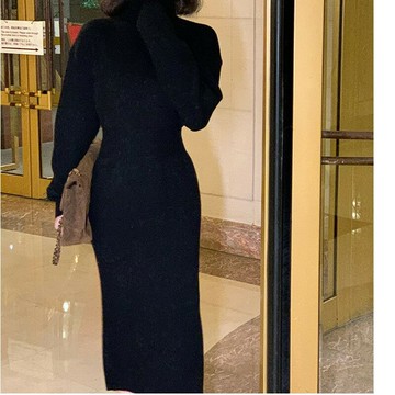 【巴黎精品】現貨+預購 連身裙針織洋裝-高領長袖純色過膝女裙子3色p1az47