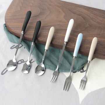 日式創意湯勺中號餐具小勺叉子陶瓷長柄不銹鋼水果叉咖啡攪拌勺子