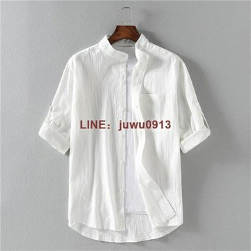 日系復古亞麻襯衫男士短袖夏季寬版七分袖胖子加肥大碼襯衣男裝【木屋雜貨】