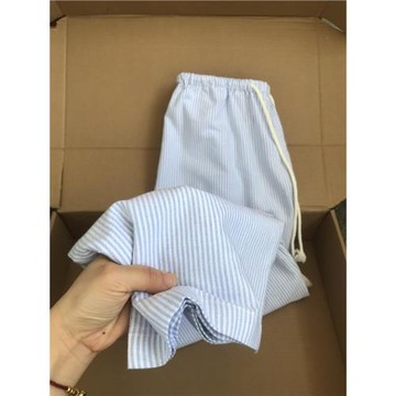 175高個子加長藍白條紋直筒褲女美式復古寬松顯瘦休閑闊腿拖地褲