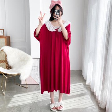 加長薄款莫代爾大碼V領花邊睡裙短袖夏季孕婦胖MM200斤超長家居服