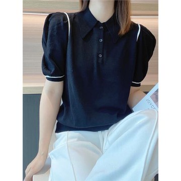 polo領套頭寬松針織衫女寬松短袖t恤減齡顯瘦泡泡袖翻領冰絲上衣