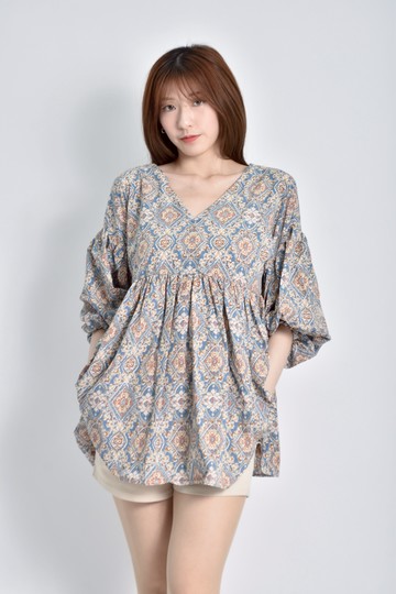 加購優惠(F) e h a n韓牌質感五分袖花紋寬鬆藍色短袖上衣