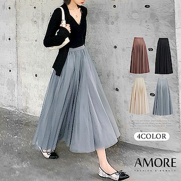 【Amore女裝】韓版高腰雙層網紗A字裙