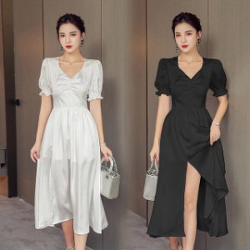 パフスリーブ 黒 夏 Aラインワンピース ドレス 白 スリット ミモレ丈ワンピース お呼ばれドレス 無地 ロングワンピース 通販 Lineポイント最大1 0 Get Lineショッピング