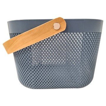 北歐簡約風木把手收納提籃 單把手款 藍色 塑膠木質金屬螺旋  26 x 25 x 18cm  1個