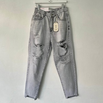 韓國女裝連線 - 彈性腰破壞感輕柔丹寧直腿褲-淺灰