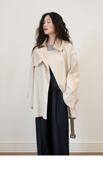 英式復古休閒中長款雙排扣英倫短風衣外套