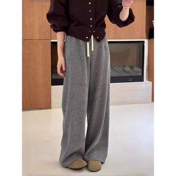 大碼高腰灰色闊腿休閑褲女2026年春季新款胖mm寬松顯瘦直筒拖地褲