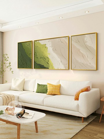 沙發背景墻裝飾畫客廳高檔大氣抽象肌理感三聯畫綠色侘寂風掛畫