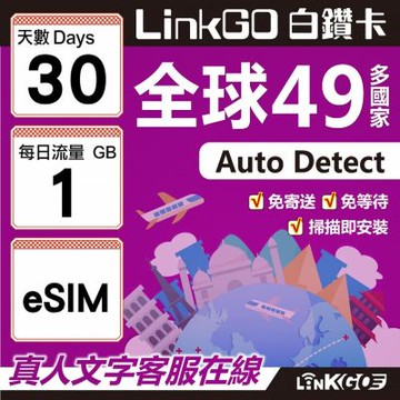 LINKGO白鑽卡 全球49國 eSIM卡 30天上網卡 每日1GB(全球網卡 亞洲 歐洲 美洲 大洋洲 非洲)