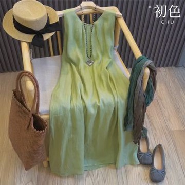 初色 文藝風純色圓領無袖背心壓褶中長連衣裙連身洋裝-綠色-13882(M-2XL可選)
