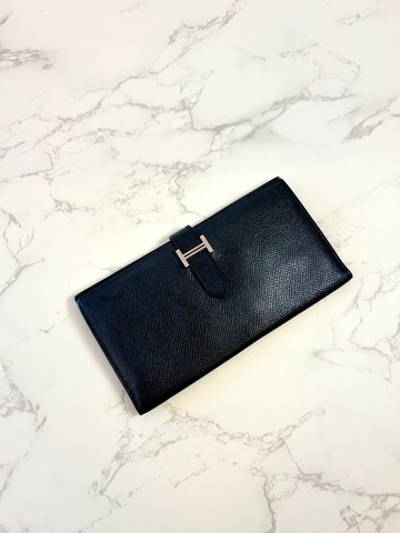 【絕版古董包】中古二手Hermes黑銀色皮革Bearn長夾錢包小手拿袋