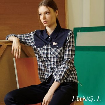 LUNG.L林佳樺 深藍格紋拼接雙口袋長袖女裝襯衫(罩衫) LX10A
