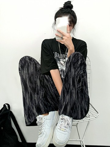 扎染絲絨闊腿褲女夏季薄款2022年新款寬松直筒高腰垂感休閑拖地褲