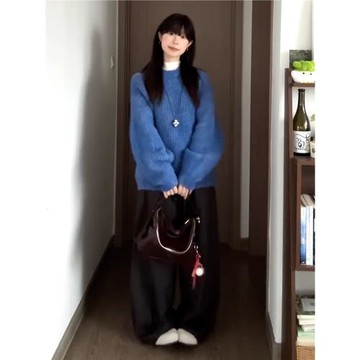 藍色圓領套頭毛衣女秋冬2025新款韓系巨好看慵懶松弛感針織衫上衣