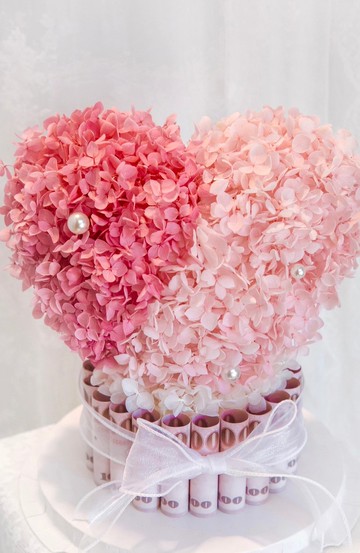 粉紅愛心蛋糕花/鈔票蛋糕/有錢花/錢花蛋糕/生日禮物/永生蛋糕花