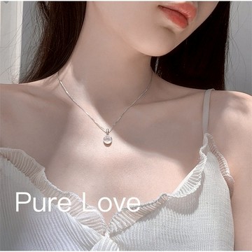 Pure Love樂芙 / 正韓 【N0763】韓系簡約S925通體純銀項鍊圓形貓眼石吊墜鎖骨鏈 短項鏈 / 銀