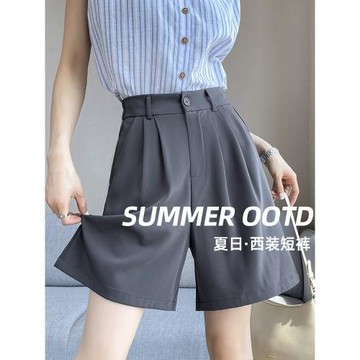 灰色西裝短褲女夏季薄2025高腰a字顯瘦小個子寬松休閑中褲五分褲