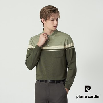【pierre cardin 皮爾卡登】男款 質感拼接條紋長袖POLO衫-綠色 (5255204-45)
