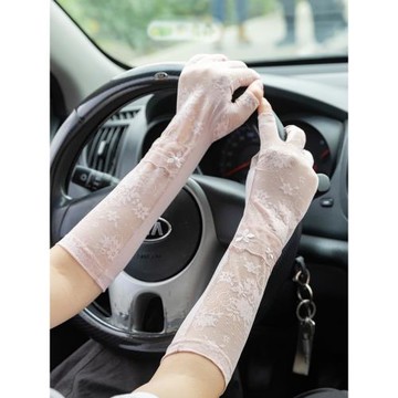 夏季加長短款薄蕾絲冰絲防曬手套女戶外騎行車露二指遮陽防紫外線