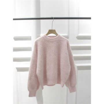 韓國秋冬櫻花粉安哥拉兔毛內搭毛衣女圓領慵懶毛茸茸厚針織打底衫