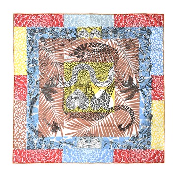 Hermes 愛馬仕 Jungle Love stamped 70 cm手工捲邊斜紋真絲方巾(藍/棕褐/胭脂)