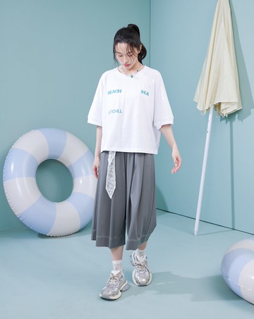 配色壓線彈力打褶8分褲裙(兩色)