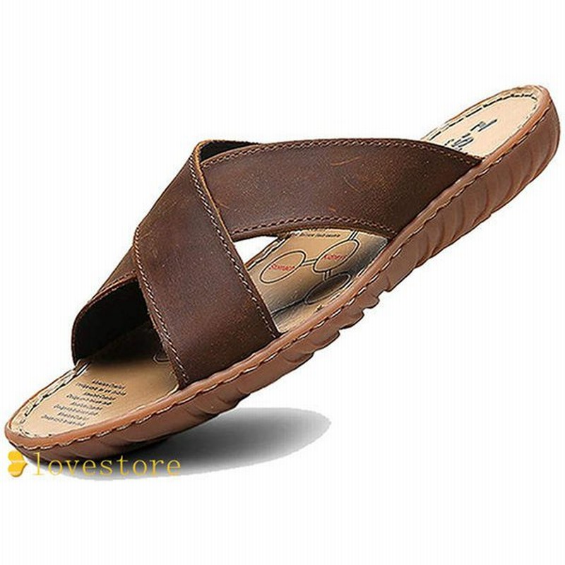 ビーチサンダル メンズ おしゃれ 歩きやすいサンダル 軽い 皮サンダル クロスストラップ 滑り止め レザーサンダル 本革 スリッパ 屋外 通販 Lineポイント最大0 5 Get Lineショッピング