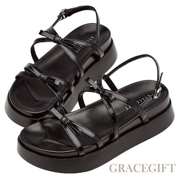 【Grace Gift】個性交叉蝴蝶結細帶奶油厚底涼鞋 黑