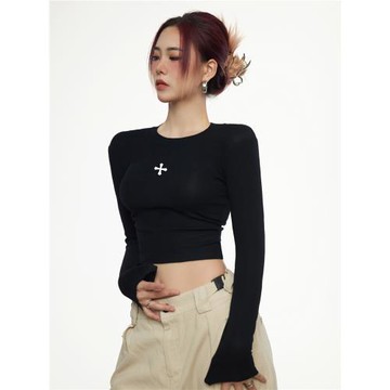 辣目子黑 辣妹黑色短款長袖t恤女春季歐美修身露臍打底爵士舞上衣