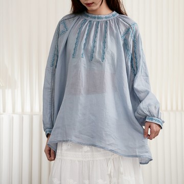 立領刺繡苧麻上衣434835