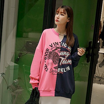 OB嚴選中大尺碼-美式復古撞色印花寬版長袖上衣《AB19993》