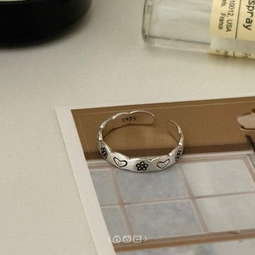 現貨｜s925純銀 塗鴉愛心花邊開口戒指 霧面 活口戒圍 D1603 可碰水 洗澡不用摘 (Puppeee)