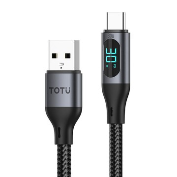 TOTU 拓途 CB-7系列 數顯Type-C傳輸編織快充線 30W快充 6A 鋁合金外殼  1.2m  黑色  1條