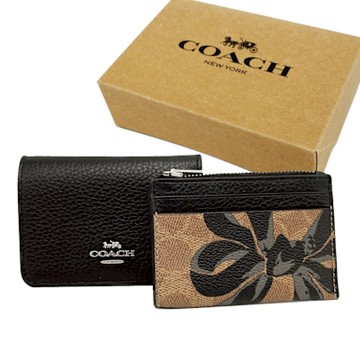 COACH 經典LOGO拉鍊零錢袋2合一短夾附禮盒(花卉黑)