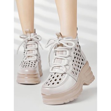 2024夏新款復古輕便小個子34厚底坡跟洞洞鏤空涼靴真皮高幫涼鞋女