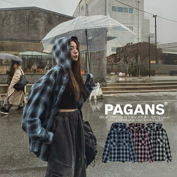 【PAGANS STORE】韓國 復古 漸變 格紋 雙口袋 格子 長袖 襯衫 連帽 外套 街頭感 外搭 古著 連帽外套