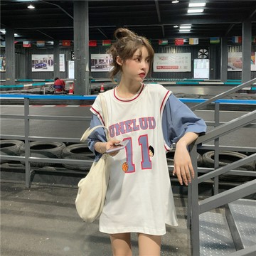 韓版拼接寬鬆假兩件百搭長版上衣【T322】