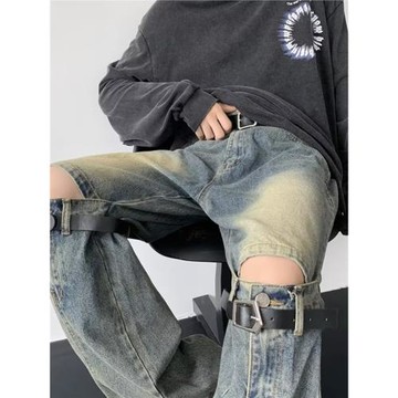 小眾復古做舊立體拼接膝蓋破洞皮帶綁帶設計美式高街微喇牛仔褲男