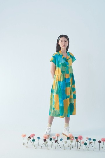 黃綠磚平領襯衫洋裝