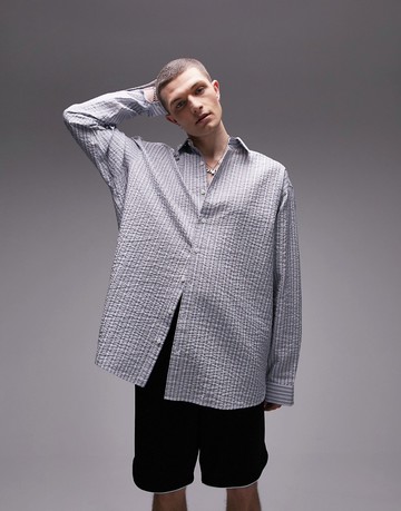Topman long sleeve extreme oversized textured stripe shirt in blue