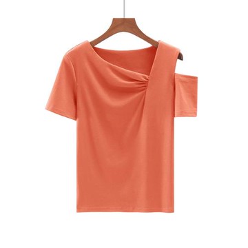 夏季新款韓版斜領褶皺小心機純色純棉修身漏肩短袖體恤上衣內搭女