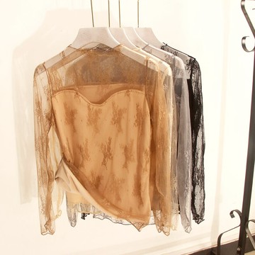 性感鏤空蕾絲打底衫女秋冬新款時尚毛衣外套內搭加絨打底紗衣女