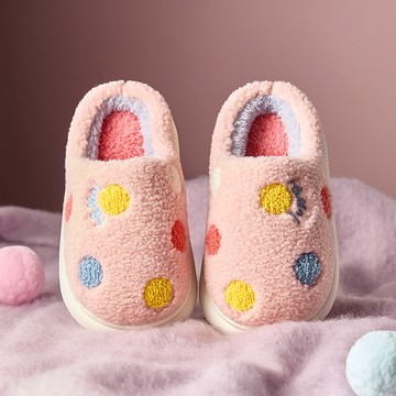 Cheerful Mario幸福瑪麗 粉色可愛波點女童棉拖鞋 冬季保暖室内中大童毛絨絨拖鞋
