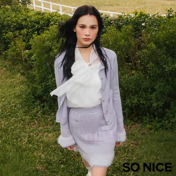 SO NICE 柔紫色千金風羊毛緹織混紡針織拼接羽毛邊短裙｜都會時尚女裝【58630021】