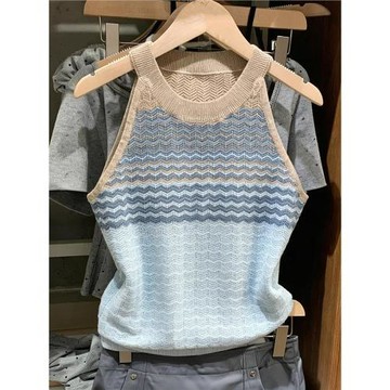 韓版波浪條紋掛脖針織無袖背心女夏季新款漸變色別致絕美辣妹上衣