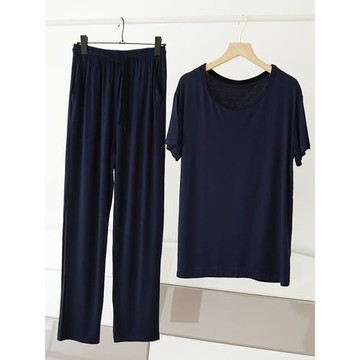 睡衣男士夏季薄款莫代爾短袖長褲圓領純色休閑冰絲套頭家居服涼爽